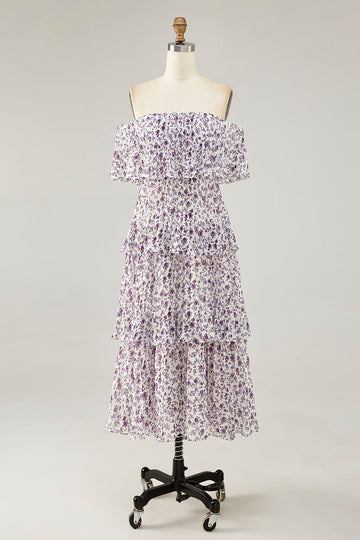 Off The Shoulder Purple Flower Printed A Line Wedding Guest Dress